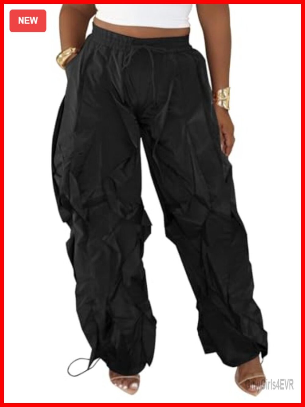 High Waist Ruffle Wide Leg Parachute Sweatpants Utility Pockets